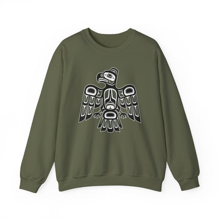 Pacific Northwest raven formline art graphic on an olive green unisex sweatshirt.