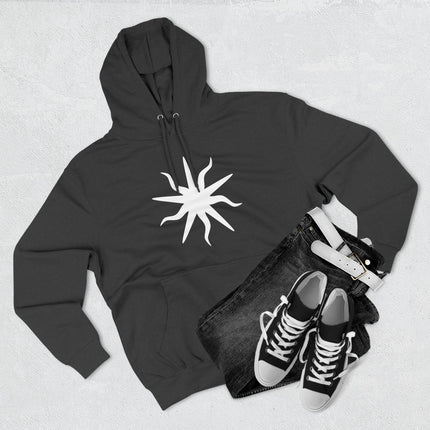 Occult sun graphic hoodie featuring a mystical solar starburst symbol.
