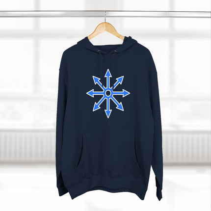 Dark blue hoodie featuring the Chaos Star symbol, an eight-pointed esoteric graphic.