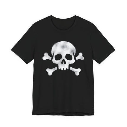 Pirate skull and crossbones graphic on a black distressed t-shirt.