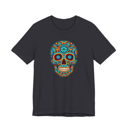 Black t-shirt featuring a vibrant Huichol sugar skull design for Día de los Muertos.