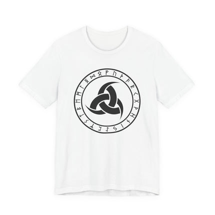 Viking t-shirt featuring Odin's triple horns and a surrounding Elder Futhark rune circle graphic.