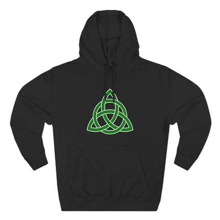 Black hoodie featuring a green Celtic Triquetra knot symbol.