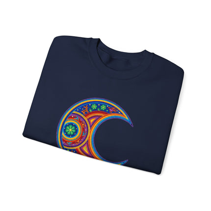 Vibrant Huichol Moon Crescent indigenous art print pullover sweatshirt.
