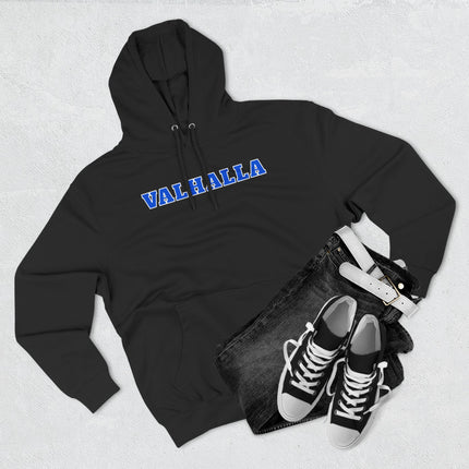 Black Valhalla Norse graphic hoodie. Unisex pullover sweatshirt featuring bold Viking mythology text.