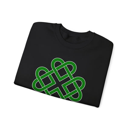 Green Celtic knot clover graphic on a black sweatshirt, symbolizing interconnectedness and eternal life.