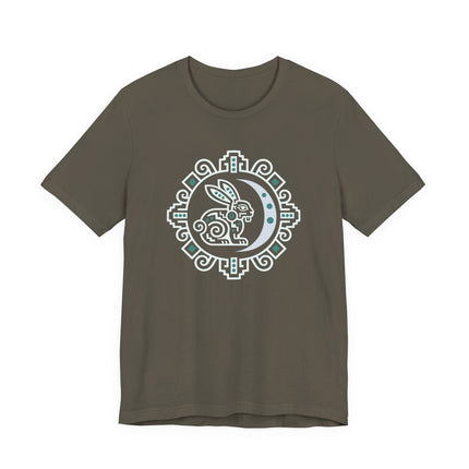 Mayan Rabbit Moon T-Shirt | White Crescent and Geometric Border Tee