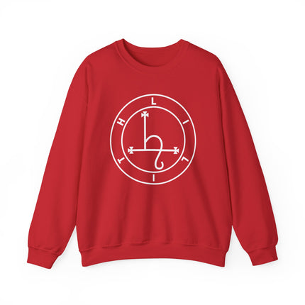 Red pullover sweatshirt with a white circular Lilith sigil occult symbol.
