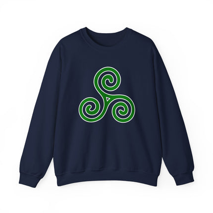 Green Celtic Triskelion triple spiral knotwork design on a navy sweatshirt.