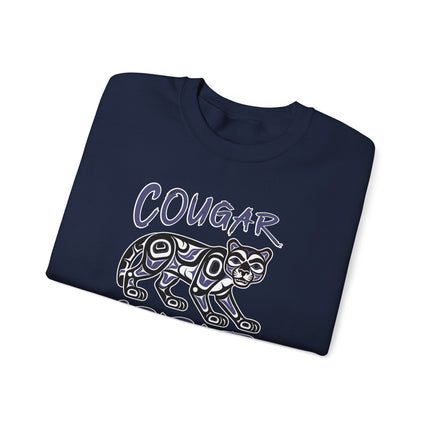 Indigenous cougar spirit formline art design on a cozy Native American style pullover sweatshirt.