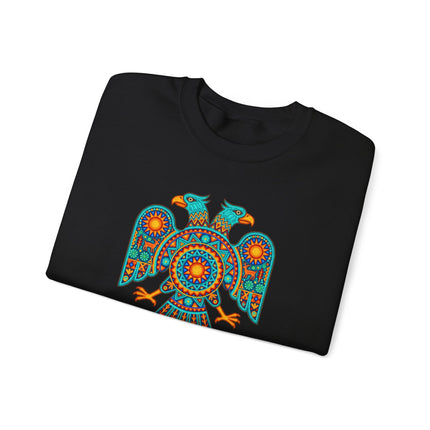 Two-headed eagle Huichol indigenous art print on vibrant Mexican pullover sweatshirt.