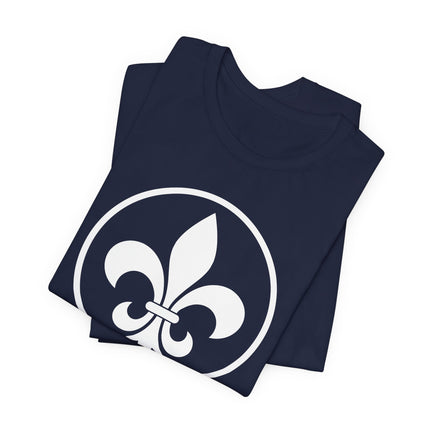Navy t-shirt featuring a white Fleur de Lis graphic in a circular French heraldry emblem.