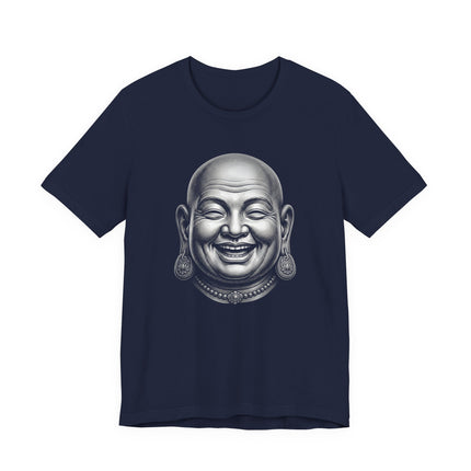 Zen Laughing Buddha graphic tee featuring a happy Budai illustration on a navy shirt.