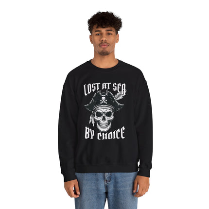 Pirate skull graphic sweatshirt reading "Lost At Sea By Choice.