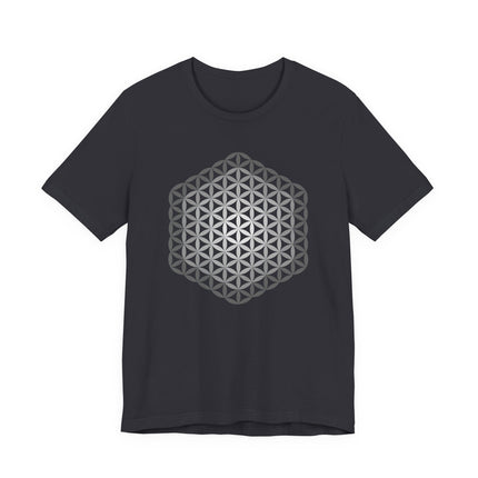 Black t-shirt featuring a detailed Flower of Life sacred geometry pattern.