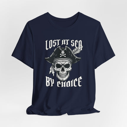 Lost at Sea By Choice pirate skull graphic t-shirt design. Nautical adventure apparel.