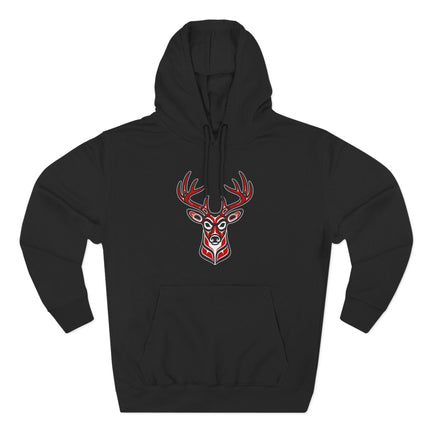 Red Tribal Deer Head Hoodie | Indigenous Art Stag Antlers Pullover Hoodie