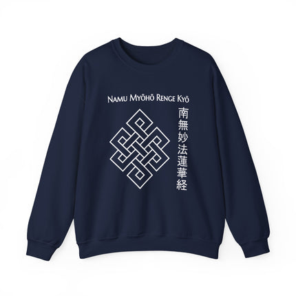Navy sweatshirt featuring the Endless Knot and Namu Myōhō Renge Kyō Buddhist mantra graphic.