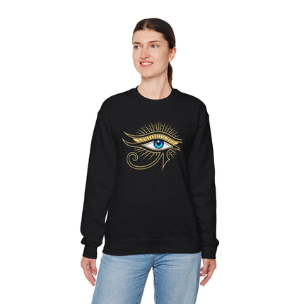 Eye of Ra graphic on black sweatshirt, featuring ancient Egyptian protection symbol.