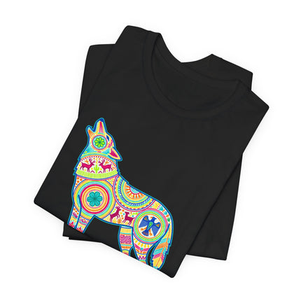 Vibrant Huichol folk art wolf graphic tee featuring colorful Mexican tribal and geometric designs.