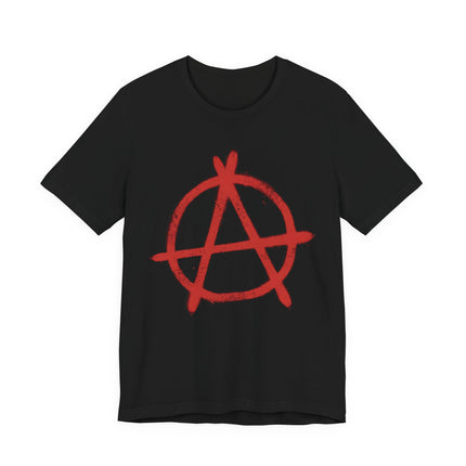 Black t-shirt featuring a red, distressed anarchy symbol graphic in a punk grunge style.