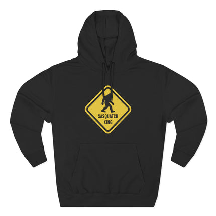 Sasquatch crossing warning sign graphic on a black pullover hoodie.