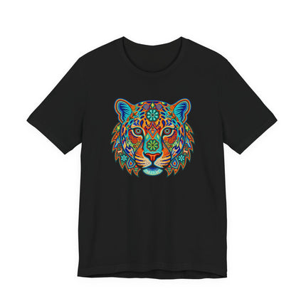 Tribal jaguar art graphic tee featuring vibrant Huichol spirit animal design on a black shirt.