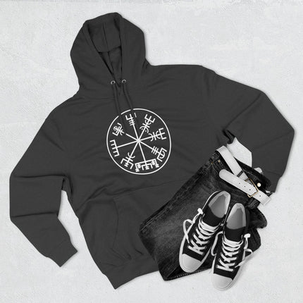 Black hoodie featuring the Norse Vegvisir Viking compass symbol graphic.