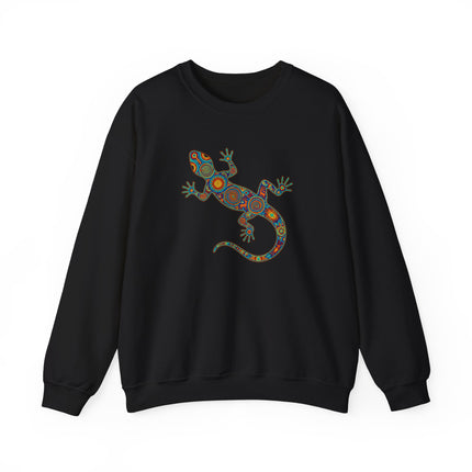 Colorful Huichol gecko tribal art pullover sweatshirt featuring a vibrant lizard design print.