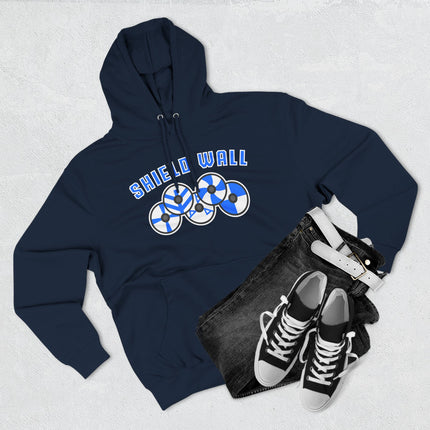 Shield Wall graphic hoodie featuring interlocking Viking shields and Norse warrior text.
