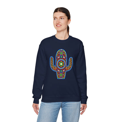Vibrant Huichol art cactus graphic on a dark blue unisex sweatshirt.