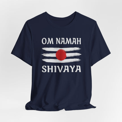 Om Namah Shivaya mantra tee featuring red tripundra stripes for spiritual Hindu wear.