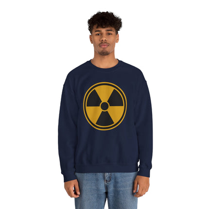 Radiation hazard symbol graphic on a navy blue unisex pullover sweatshirt.
