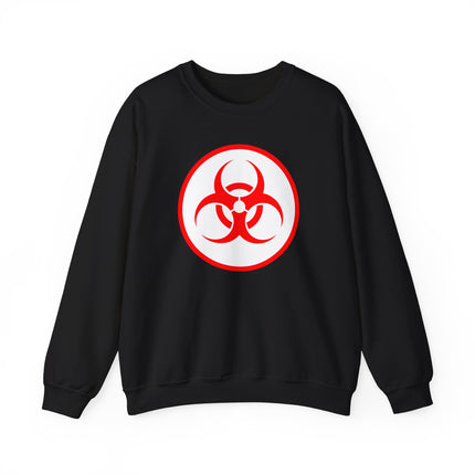 Black sweatshirt with red biohazard warning sign graphic print.