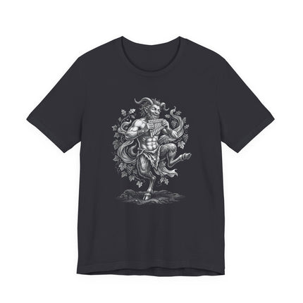Pan faun satyr graphic tee with Greek mythology flute design.