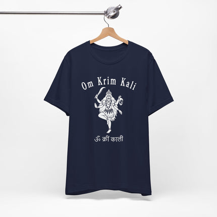Goddess Kali graphic t-shirt featuring the Om Krim Kali mantra and Hindu spiritual art.