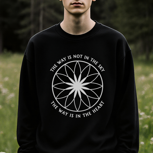 Black spiritual sweatshirt with mandala and "The Way Is In The Heart" graphic.