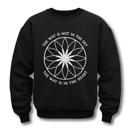 Black spiritual sweatshirt featuring a white mandala and "The Way Is In The Heart" graphic.
