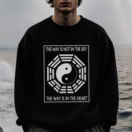 Black sweatshirt featuring Yin Yang symbolism and the phrase "The Way Is In The Heart.