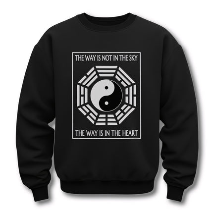 Black sweatshirt featuring Yin Yang and Bagua symbols with the Taoist quote, "The Way Is In The Heart.