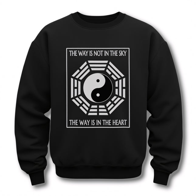 Black sweatshirt featuring Yin Yang and Bagua symbols with the Taoist quote, "The Way Is In The Heart.