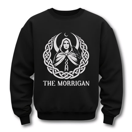 Celtic knotwork design of the Morrigan goddess with moon and raven symbols.
