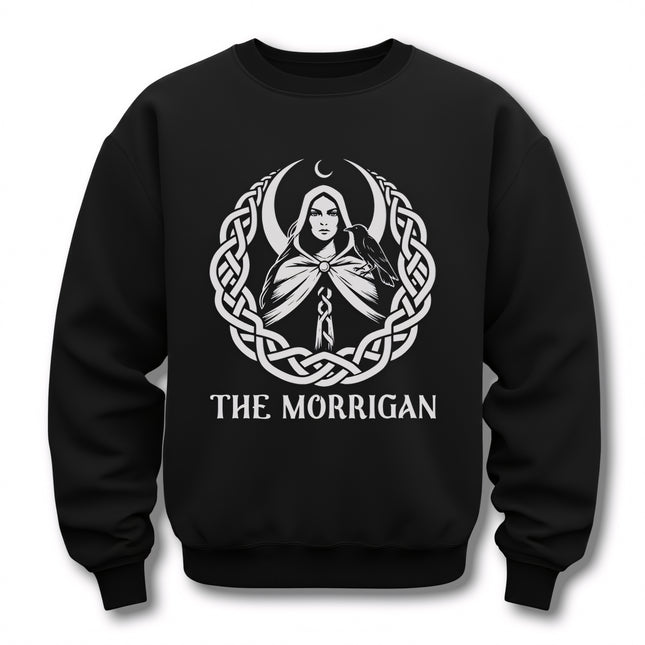 Celtic knotwork design of the Morrigan goddess with moon and raven symbols.