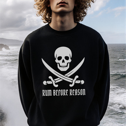 Black sweatshirt featuring a pirate skull, crossed sabers, and "Rum Before Reason" text graphic.