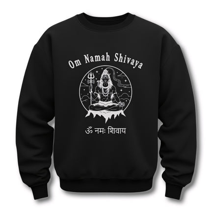 Om Namah Shivaya Lord Shiva meditation graphic on black spiritual sweatshirt.