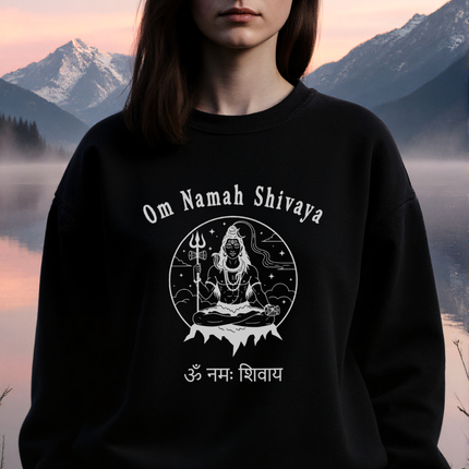 Om Namah Shivaya Lord Shiva graphic on black spiritual meditation sweatshirt.
