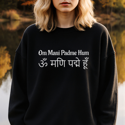 Black Om Mani Padme Hum mantra sweatshirt featuring Buddhist script and spiritual design.