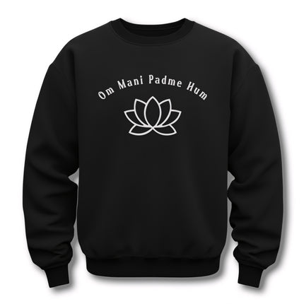 Om Mani Padme Hum mantra and lotus graphic on a black spiritual pullover sweatshirt.