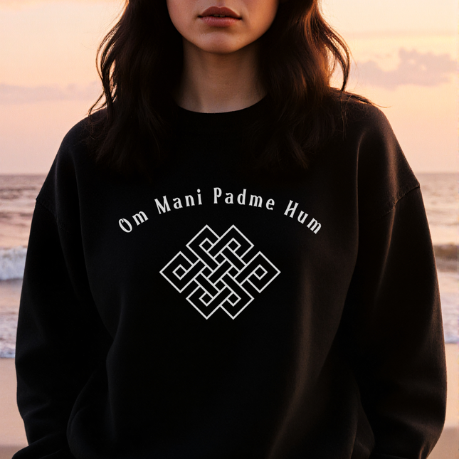 Om Mani Padme Hum Endless Knot graphic on a black spiritual sweatshirt.