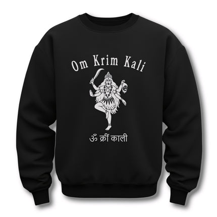 Om Krim Kali mantra graphic on a black sweatshirt, featuring Goddess Kali Hindu art and Devanagari script.